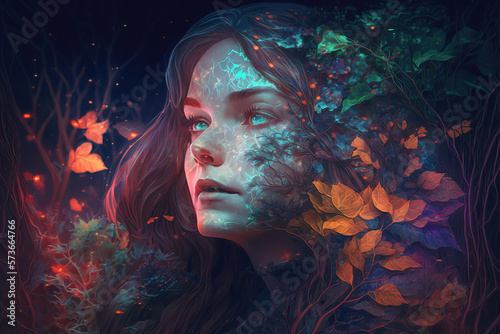 double exposure of a beautiful fantasy woman and a colorful magical abstract background, generative ai
