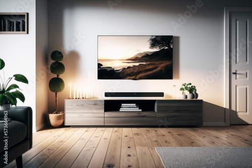 Transform your living room into a stylish space by incorporating a TV cabinet  wide angle  and carpet decor  adding a touch of elegance to your home decor.
