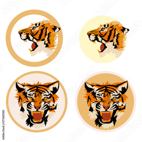 Set in different angles of the tiger's head, vector image isolated on a white background. Icons for the printing house Abstract illustration, simplified spots in layers.