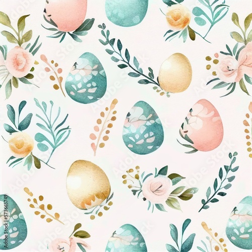 Boho Seamless Easter Egg Pattern in Pastel Colours - Leaf Background Design Generative AI Illustration