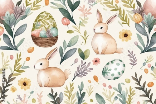 Seamless Easter Egg Pattern with Bunny in Pastel Colours - Flower Leaf Background Design Generative AI Illustration