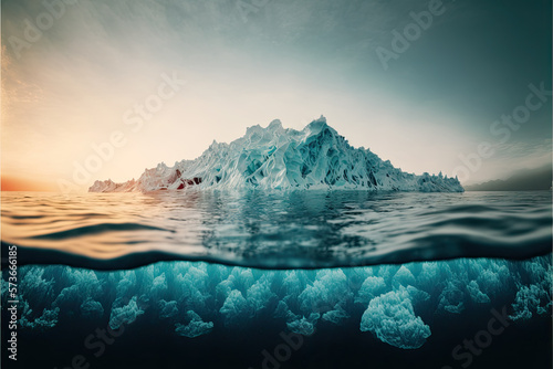 Global Climate Change, Melting Glaciers. Effects of melting glaciers on sea level rise. Iceberg floating in the cold water of Antarctica. AI generative
