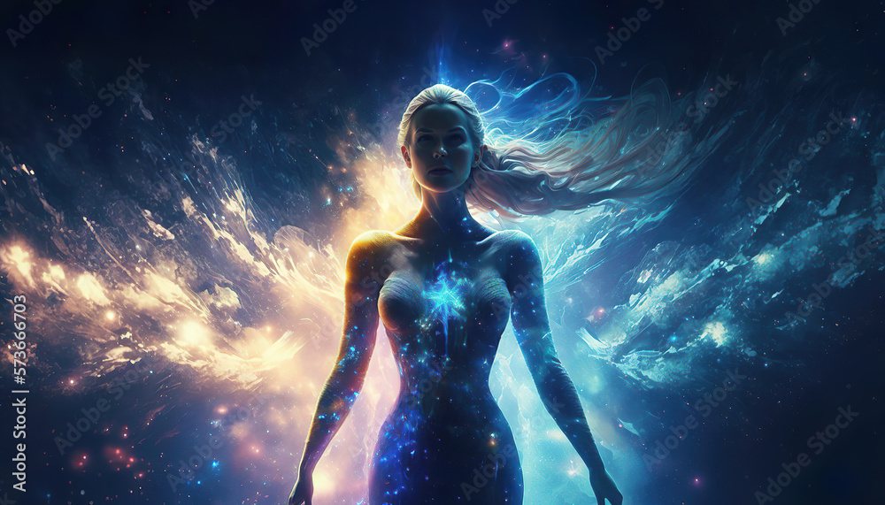 magical fantasy portrait of a beautiful angel woman in the night with glowing  energy lights and particles on an abstract galaxy background, generative ai