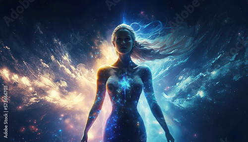 magical fantasy portrait of a beautiful angel woman in the night with glowing  energy lights and particles on an abstract galaxy background, generative ai © Gbor