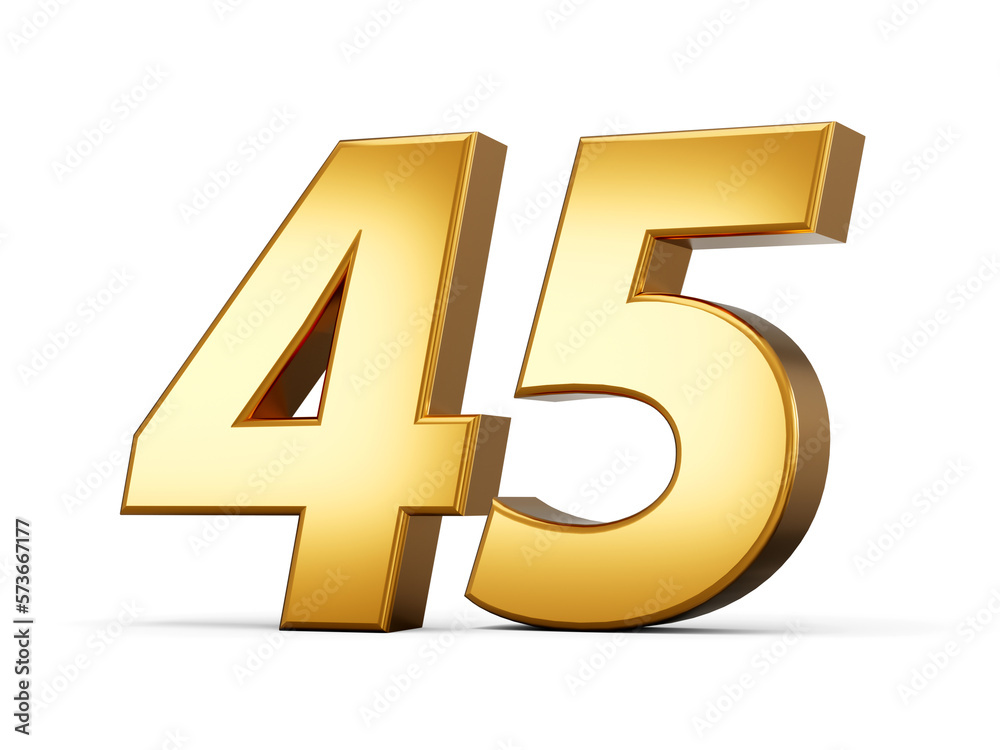 Golden metallic Number 45 forty five, White background 3d illustration Golden metallic Number 45 forty five, White background 3d illustration