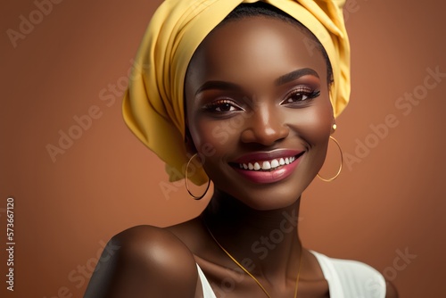 Smiling black woman fashion headshot portrait. African beautiful woman portrait. Young model with dark skin and perfect smile photo