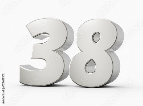 Silver 3d numbers 38 thirty eight. Isolated white background 3d illustration