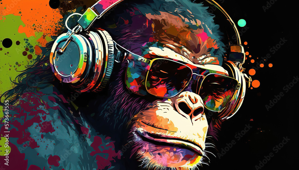 Fototapeta portrait of a party monkey ape with headphones on a colorful abstract background, generative ai