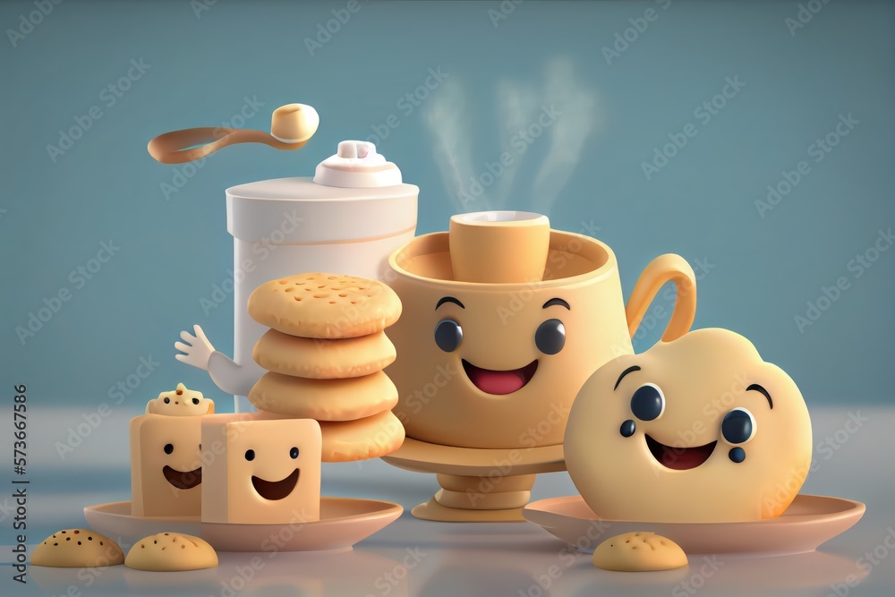 Cute Cartoon Biscuits and Gravy Characters 3D Illustration. Created