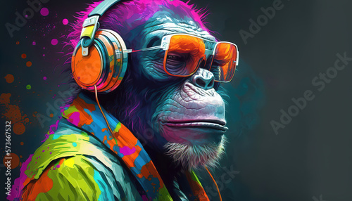 Fototapeta portrait of a party monkey ape with headphones on a colorful abstract background, generative ai