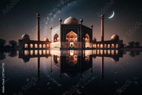 Beautiful Islamic Mosque Architecture in the star night. Generative AI