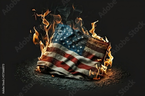 Political crisis. Burning USA flag. Dark solid background