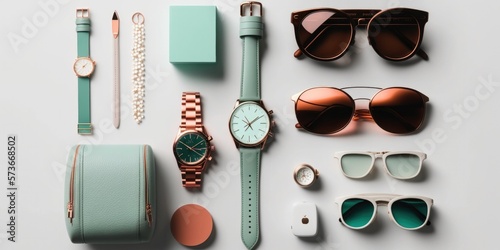Stylish fashion accessories flat lay with soft lighting, generative ai