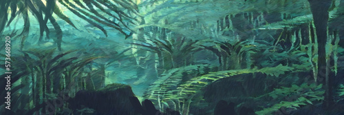 Dense jungle digital painting. Paintery, unfinished, cgi brush style. 2d illustration.