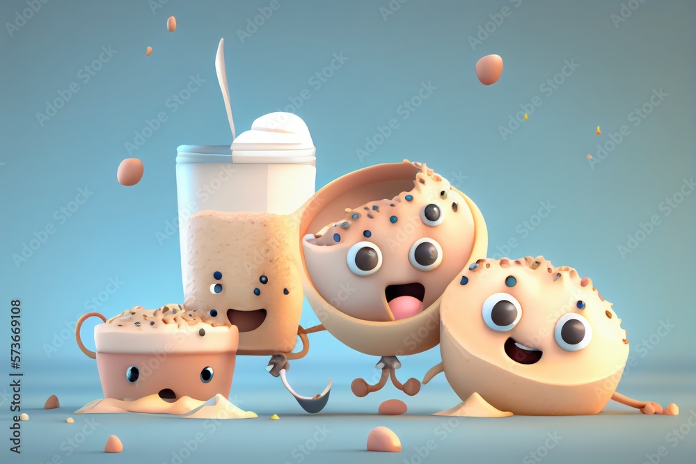 Cute Cartoon Biscuits and Gravy Characters 3D Illustration. Created