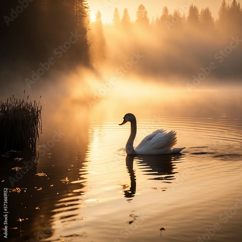Photo of a foggy lake with a swan gliding through the water