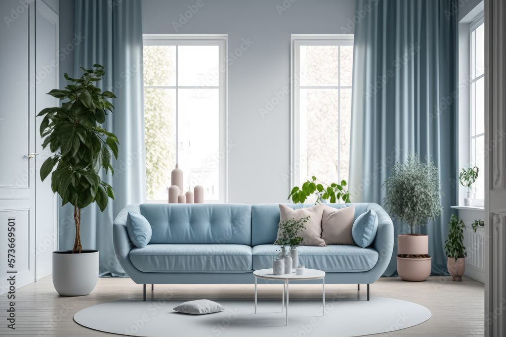 Modern sofa with bright windows and houseplants, Generative AI - obrazy, fototapety, plakaty 
