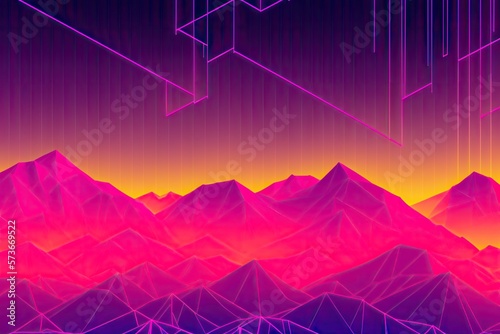 80s synthwave styled landscape  retrowave wireframe mountains  neon lines over arcade space planet canyon. Generative AI