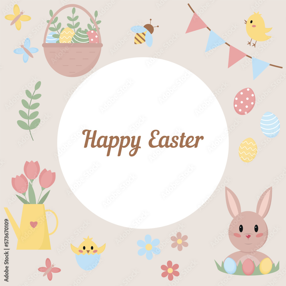 Easter card in flat style. Traditional symbols: eggs, rabbit, chicken and others. Vector illustration Easter card in flat style. Traditional symbols: eggs, rabbit, chicken and others. Vector illustration