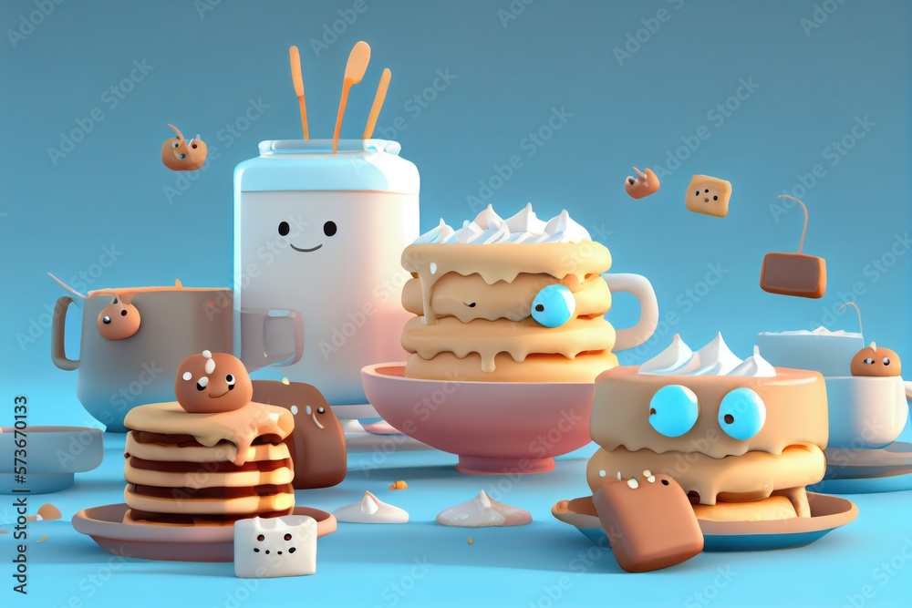 Cute Cartoon Biscuits and Gravy Characters 3D Illustration. Created