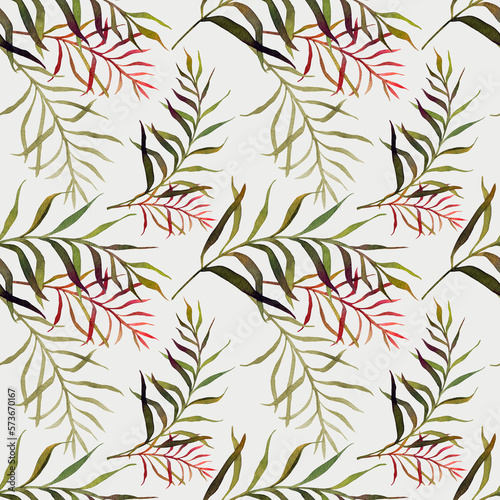 Seamless watercolor pattern with tropical leaves on a light background. Fabrics, textiles, wrapping paper.