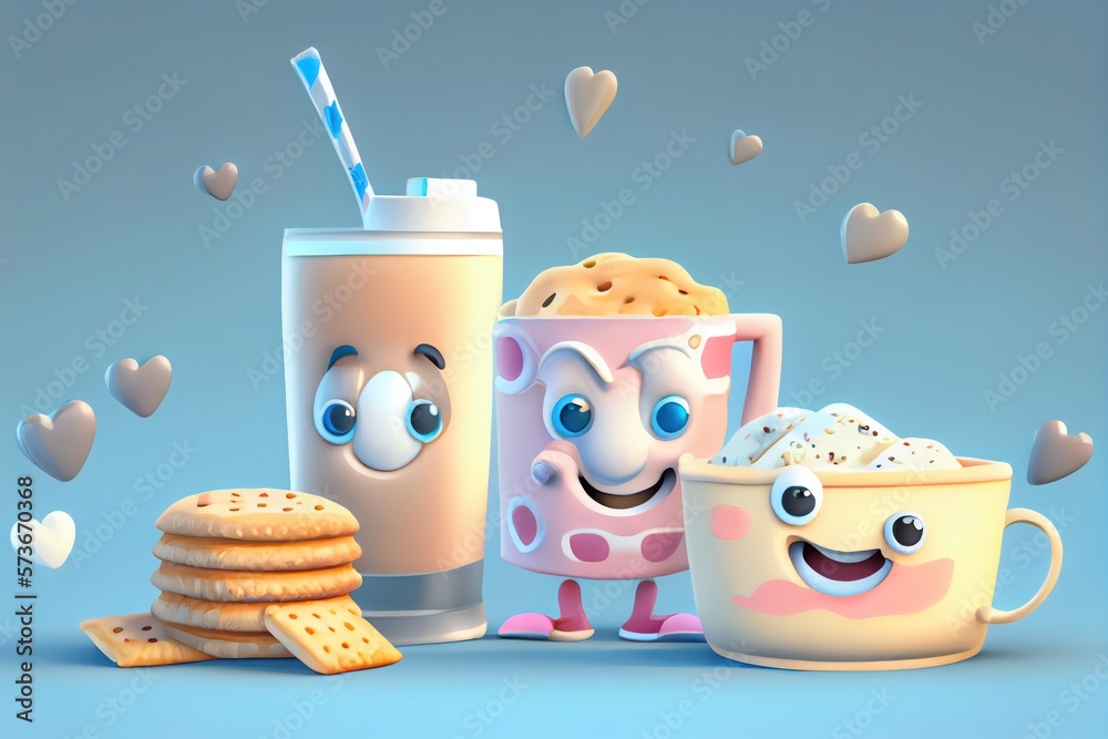 Cute Cartoon Biscuits and Gravy Characters 3D Illustration. Created