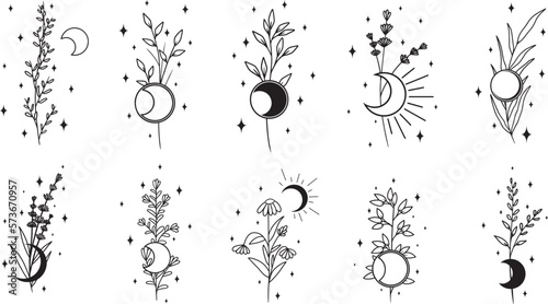 Set of magical flowers and plants with moon and sparkles. Mystical, celestial vector art collection