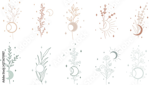 Set of magical flowers and plants with moon and sparkles. Mystical, celestial vector art collection