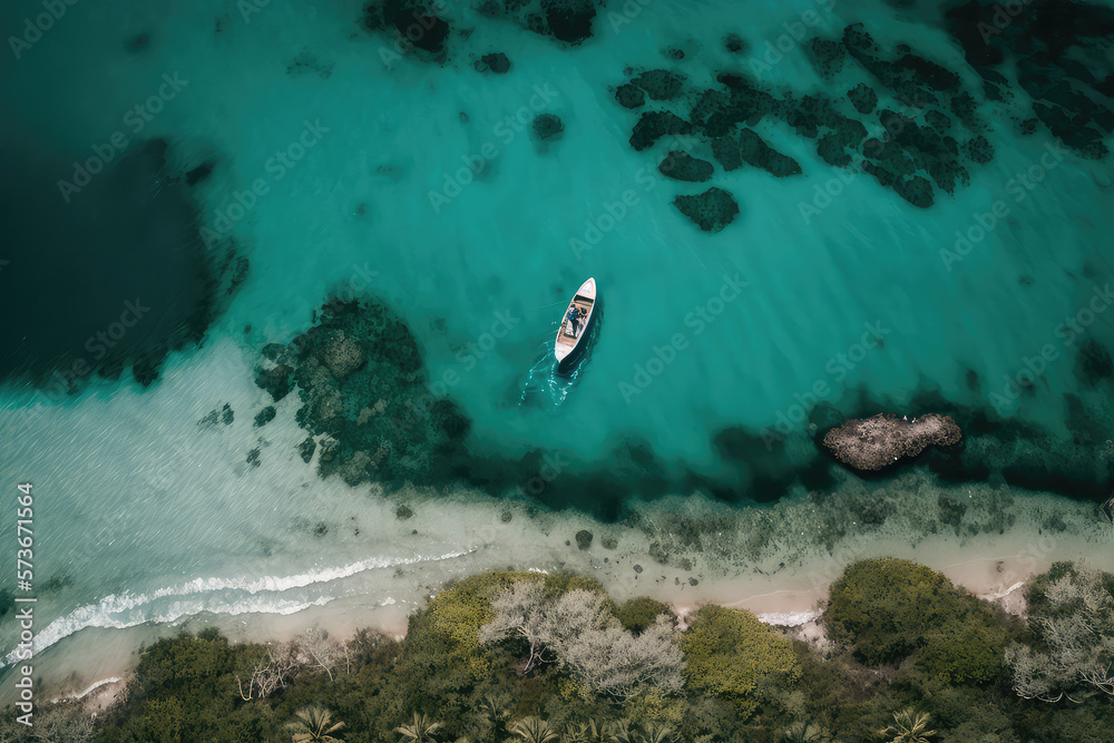 Aerial view of blue tropical sea with boat, ocean birds eye view, generative ai	