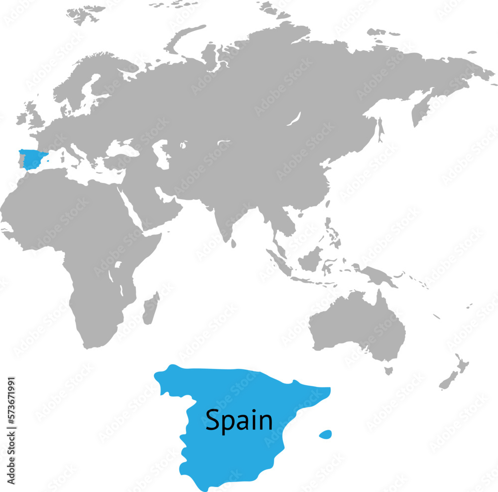 Spain marked by blue in grey World political map. Vector illustration.