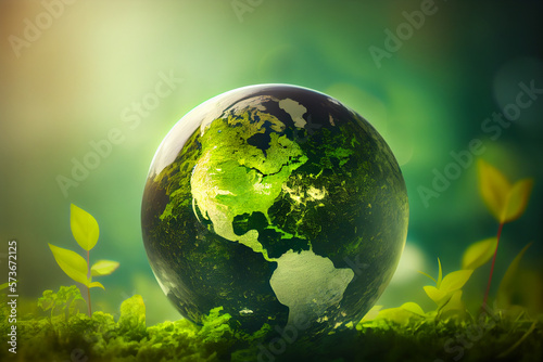 Umwelt- Konzept zum Tag der Erde  Glas Globus im gr  nen Wald - Generative Ai