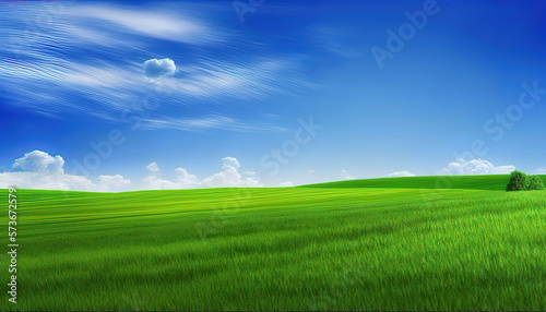 landscape with green grass field and blue sky, generative ai