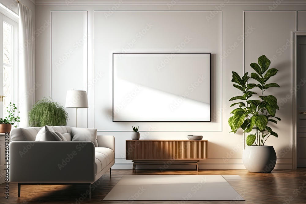 Mockup of wall poster frame on the living room, with modern contemporary minimalist style interior, natural warm light, generative AI. suitable for place your desgin product Mockup of wall poster frame on the living room, with modern contemporary minimalist style interior, natural warm light, generative AI. suitable for place your desgin product