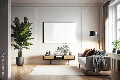 Mockup of wall poster frame on the living room  with modern contemporary minimalist style interior  natural warm light  generative AI. suitable for place your desgin product