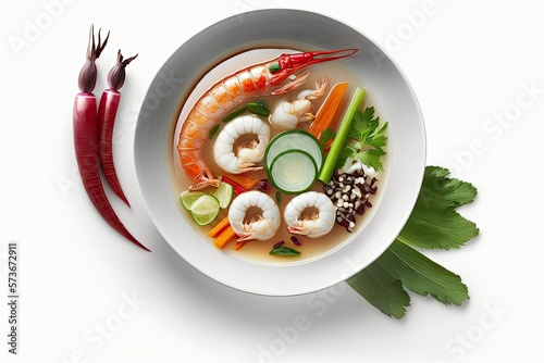 In a white bowl is a hot and spicy soup made up of a variety of vegetables (including radish, yardlong bean, Katuri Flower, carrot, and cabbage) and Shrimp. Thai cuisine is known for being both delici photo