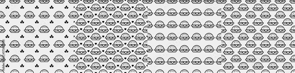 Fototapeta premium Burger seamless pattern. Hamburger motif. Fast food line emblem ornament