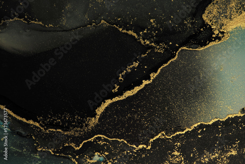 Art Abstract painting blots horizontal background. Alcohol ink watercolor black and gold colors. Marble texture.