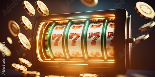 Casino banner slot machine with jackpot and golden coin. Generation AI photo