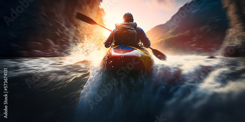 Photographie Adventure kayak sails on mountain river with sunlight