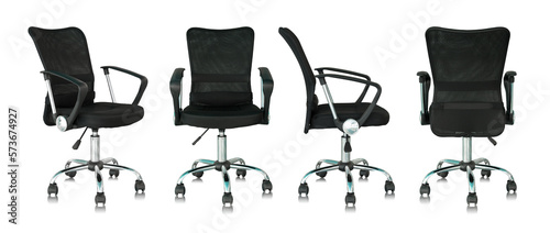 set of black office chair isolated with reflect floor