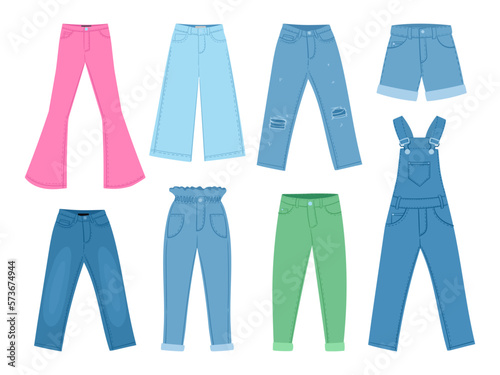 Cartoon jeans pants. Denim clothes, casual overall, pants, shorts, denim fabric garments flat vector illustration collection