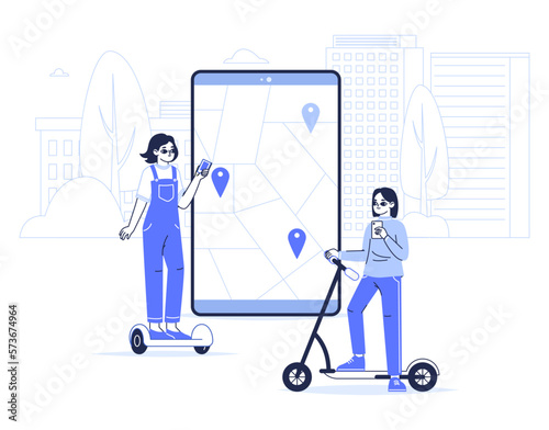 Eco transport sharing app concept. City transport rental service, women riding rental gyroscooter and electric kick scooter flat linear vector illustration
