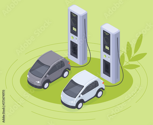 Isometric charging station. Electric cars charging, eco friendly electric cars, EV home charger station, green energy isolated 3d vector illustration