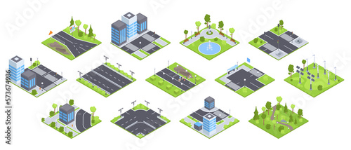 Isometric urban city set. City park environment, street roads, road signs and trees 3d vector illustration set