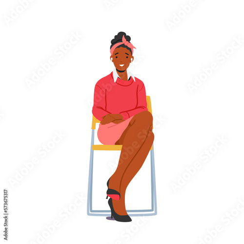 Young Female Character Sitting On Chair With Smiling Expression Isolated On White Background. Woman Gazing