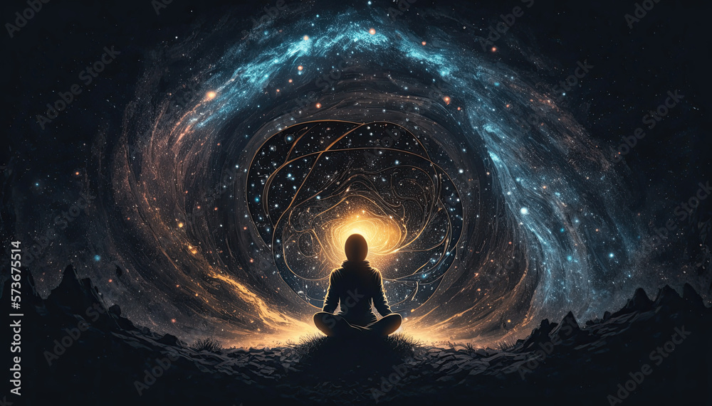 Seated in a meditative position, a person's mind is alight with a luminous galaxy, symbolizing the boundless expanse of our inner world. Generative AI