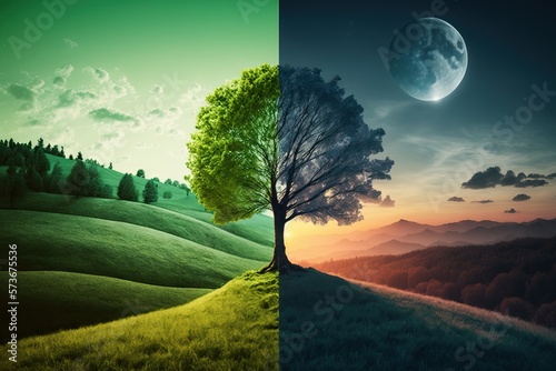 Concept of spring equinox. Day and night, sun and moon meeting together on the split landscape.