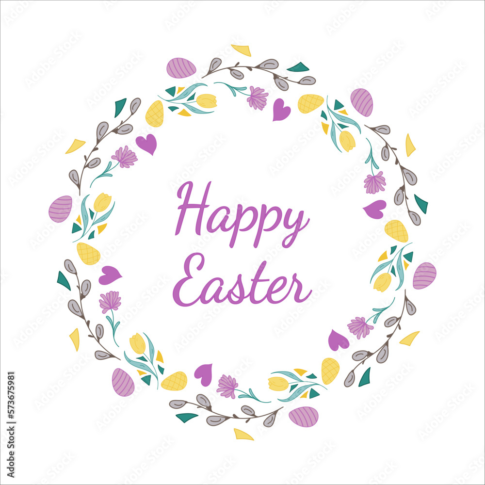 Easter wreath. Willow buds, flowers, heart, eggs. Doodle vector illustration. Happy Easter lettering
