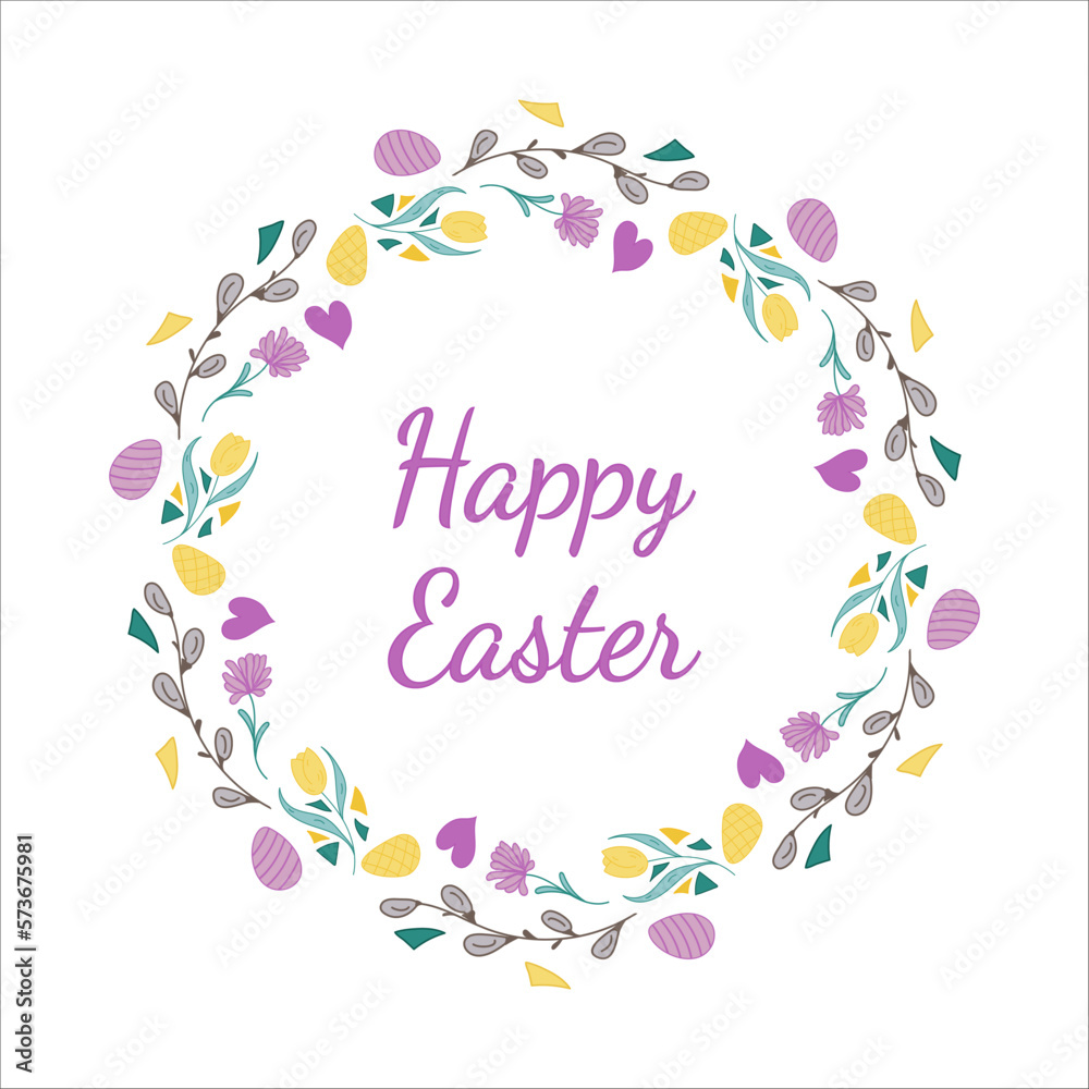 Easter wreath. Willow buds, flowers, heart, eggs. Doodle vector illustration. Happy Easter lettering Easter wreath. Willow buds, flowers, heart, eggs. Doodle vector illustration. Happy Easter lettering