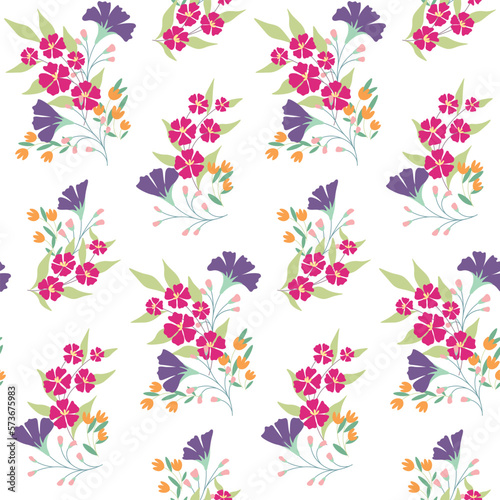 Seamless floral pattern with decorative art plants in rustic style. Beautiful botanical print with delicate spring plants: wild flowers, leaves in bunches on a white background. Vector illustration.